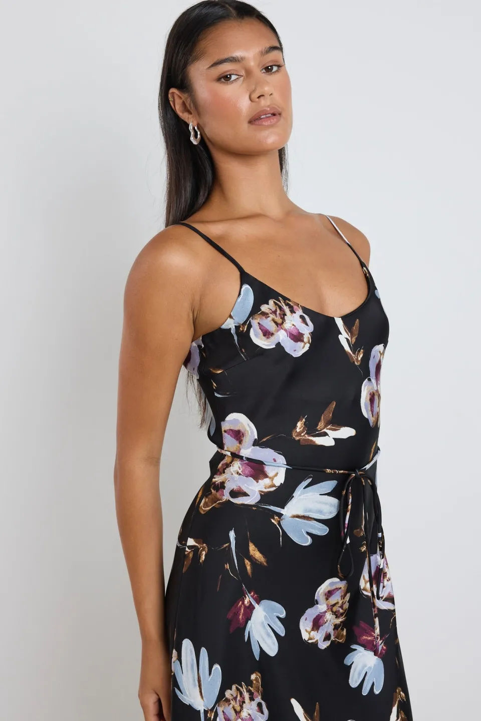 Stories be Told Exhibition Black Smudge Floral Satin Bias Flared Maxi Dress