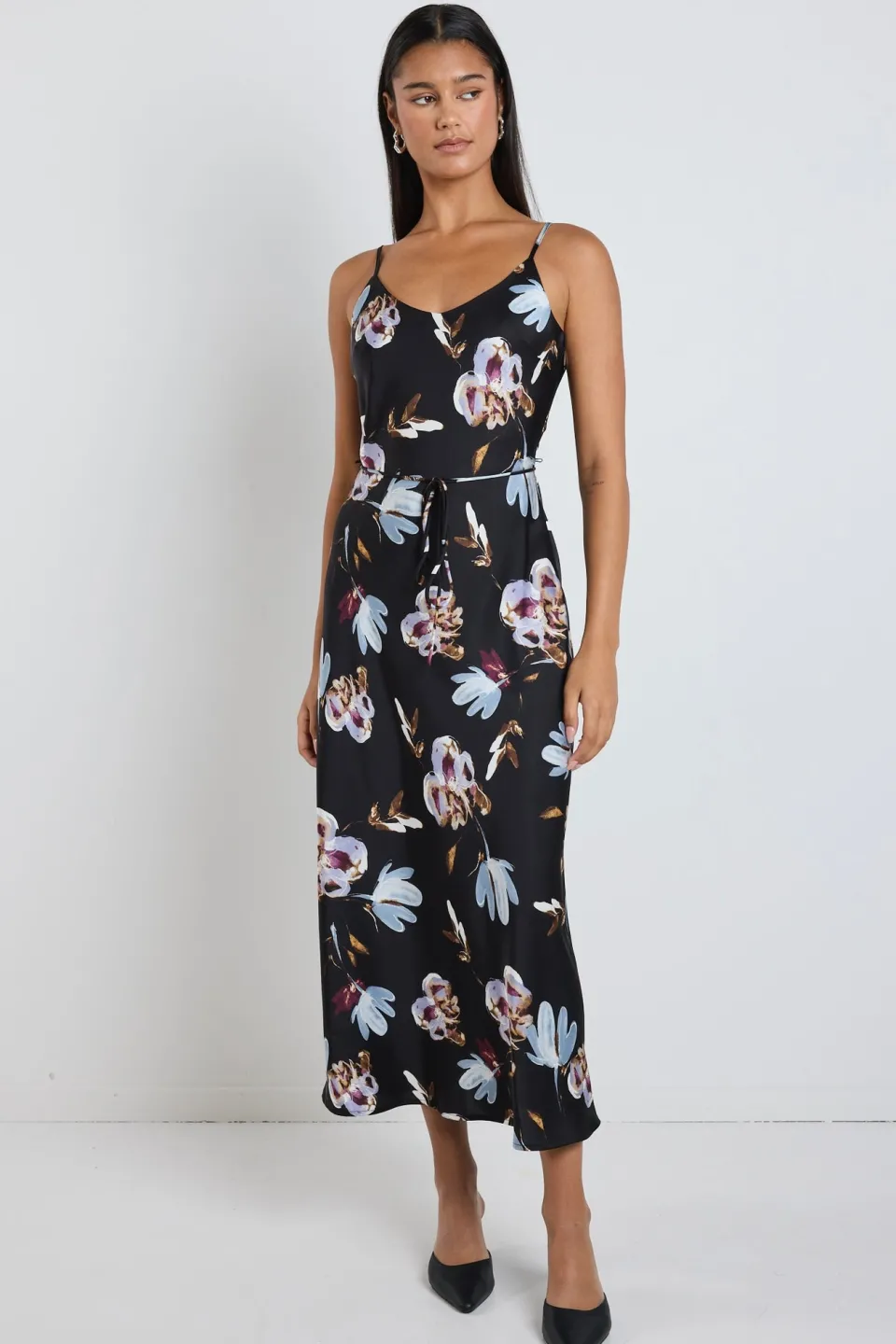 Stories be Told Exhibition Black Smudge Floral Satin Bias Flared Maxi Dress