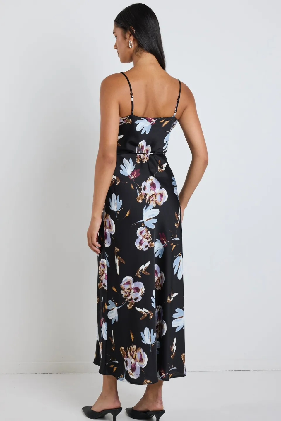 Stories be Told Exhibition Black Smudge Floral Satin Bias Flared Maxi Dress
