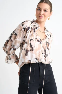 Among the Brave Expedition Beige Abstract Floral Shirred Neck Short Sleeve Top
