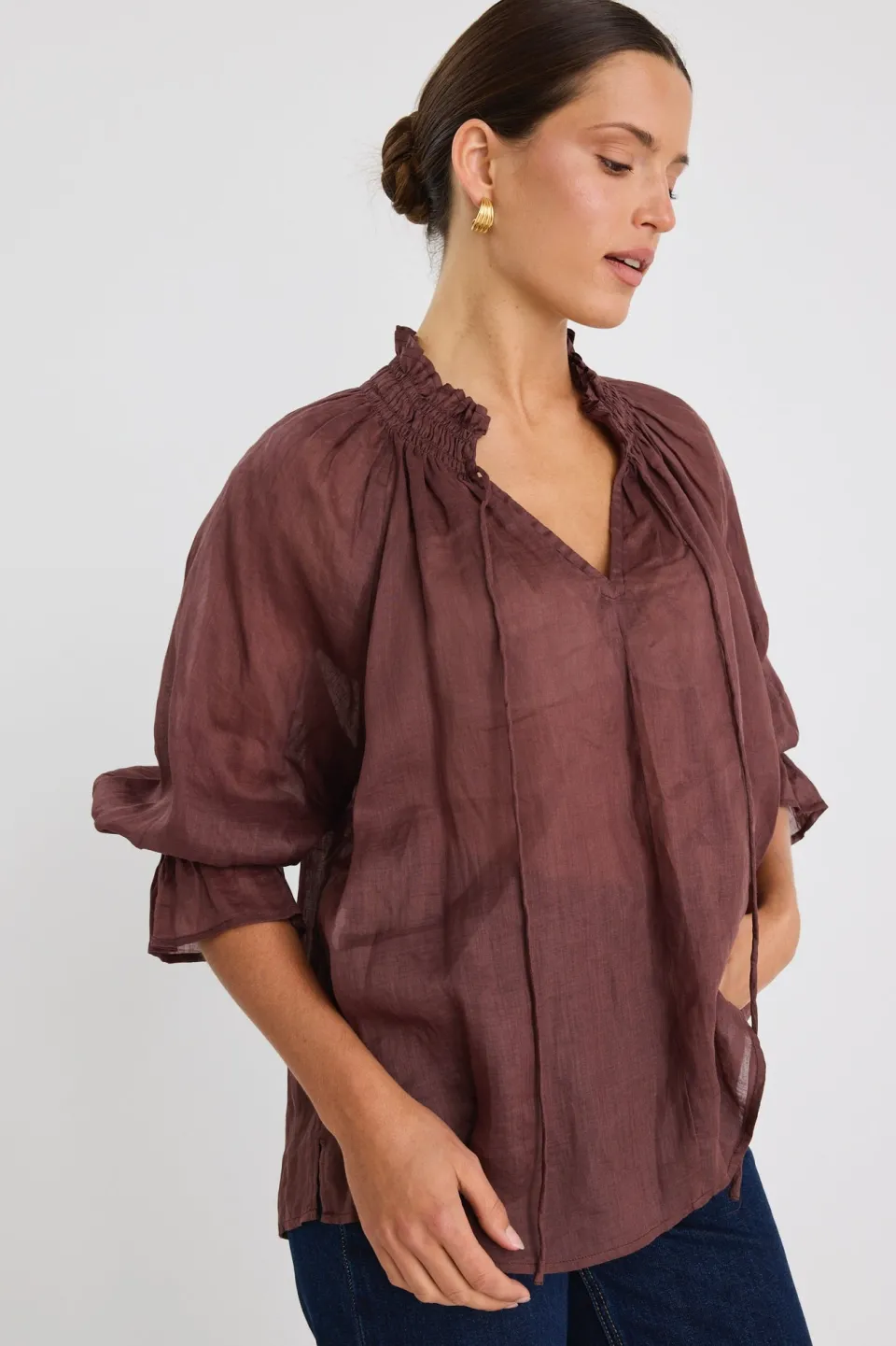 Among the Brave Expedition Chocolate Ramie Shirred Neck Short Sleeve Top