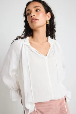 Among the Brave Expedition Ivory Ramie Shirred Neck Short Sleeve Top