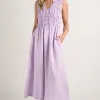 RE:UNION Label Explorer Lilac Sleeveless Split Neck Shirred Midi Dress