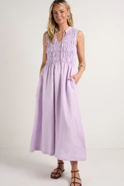 RE:UNION Label Explorer Lilac Sleeveless Split Neck Shirred Midi Dress