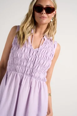 RE:UNION Label Explorer Lilac Sleeveless Split Neck Shirred Midi Dress