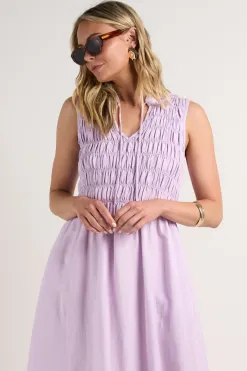 RE:UNION Label Explorer Lilac Sleeveless Split Neck Shirred Midi Dress