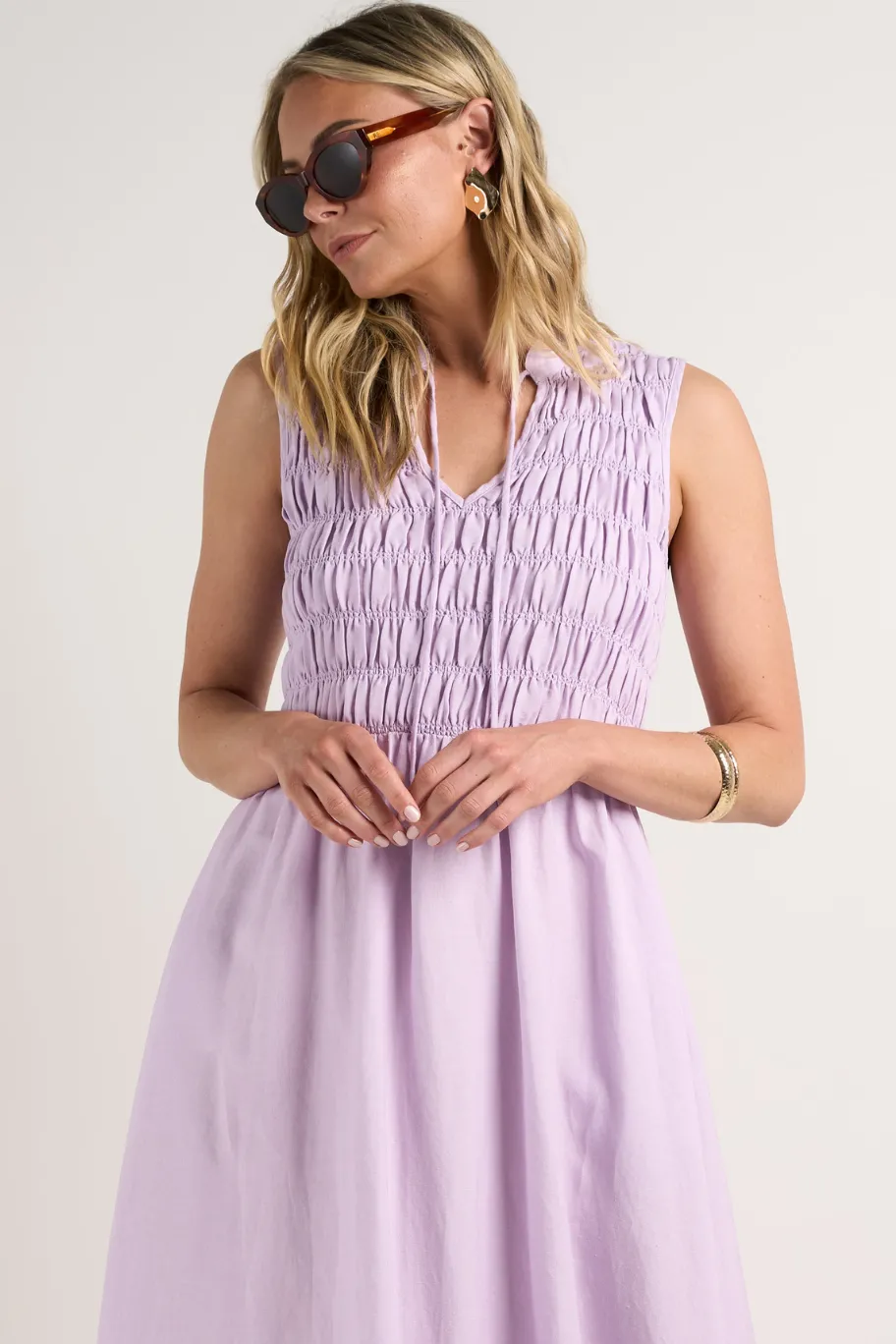 RE:UNION Label Explorer Lilac Sleeveless Split Neck Shirred Midi Dress