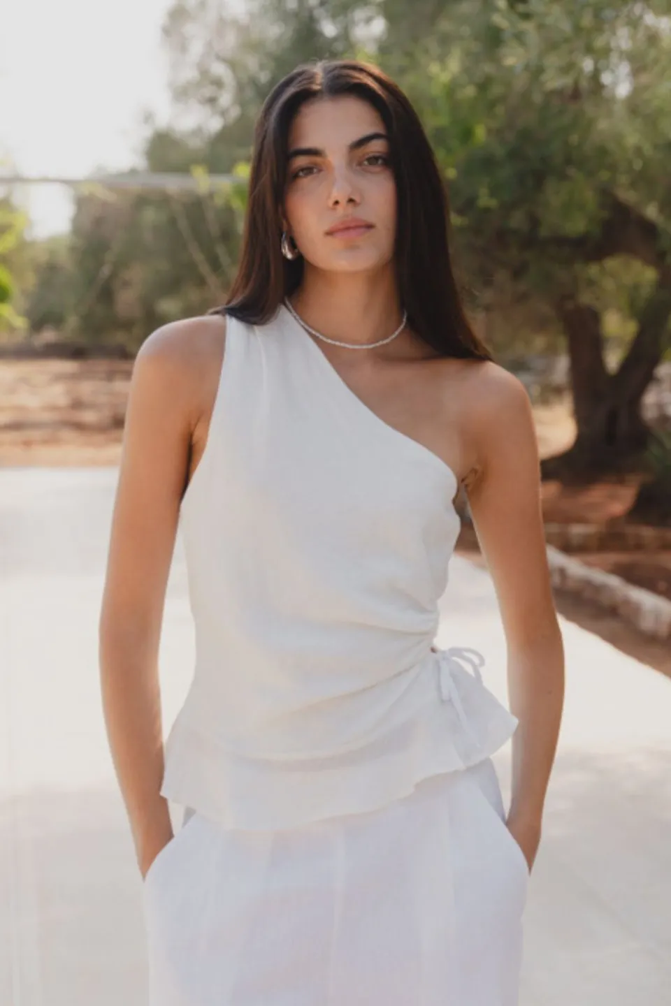 Among the Brave Fairytale White Linen One Shoulder Cutout Top