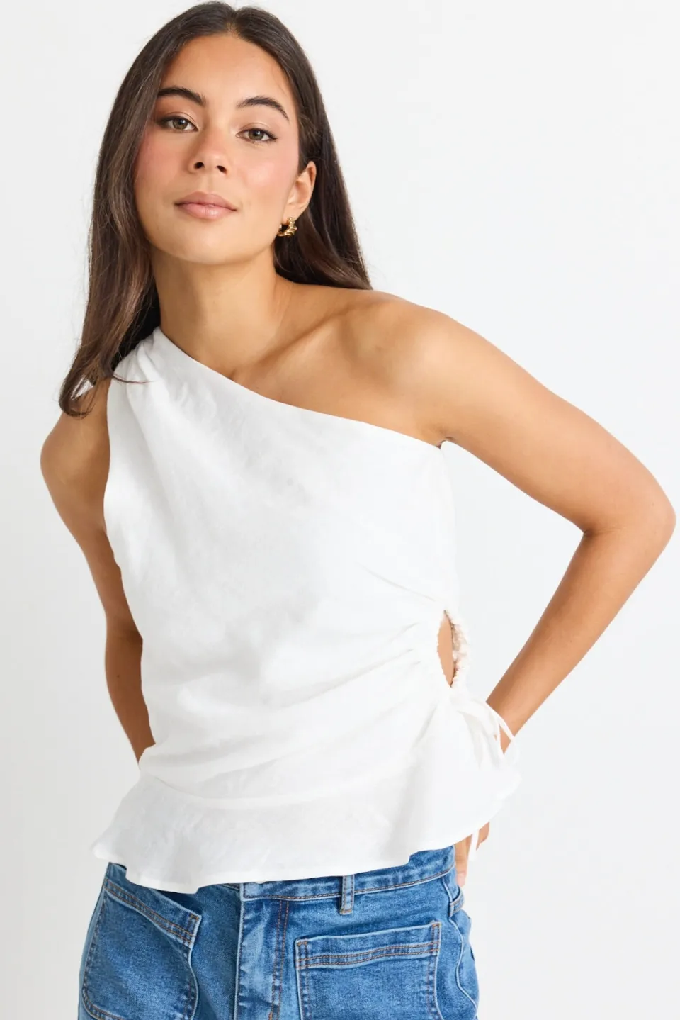 Among the Brave Fairytale White Linen One Shoulder Cutout Top