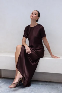 Blak Falling In Love Chocolate SS Satin Maxi Dress