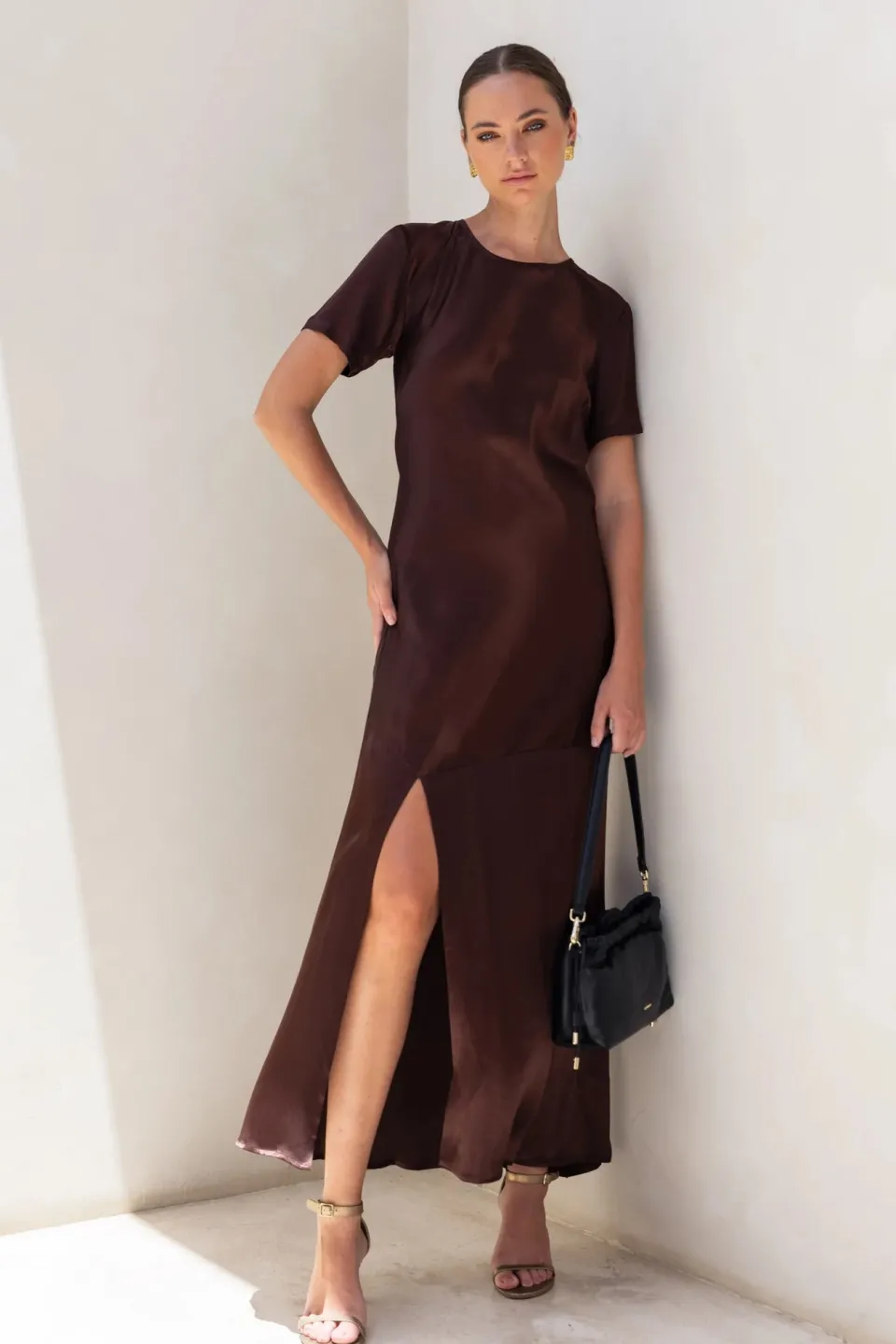 Blak Falling In Love Chocolate SS Satin Maxi Dress