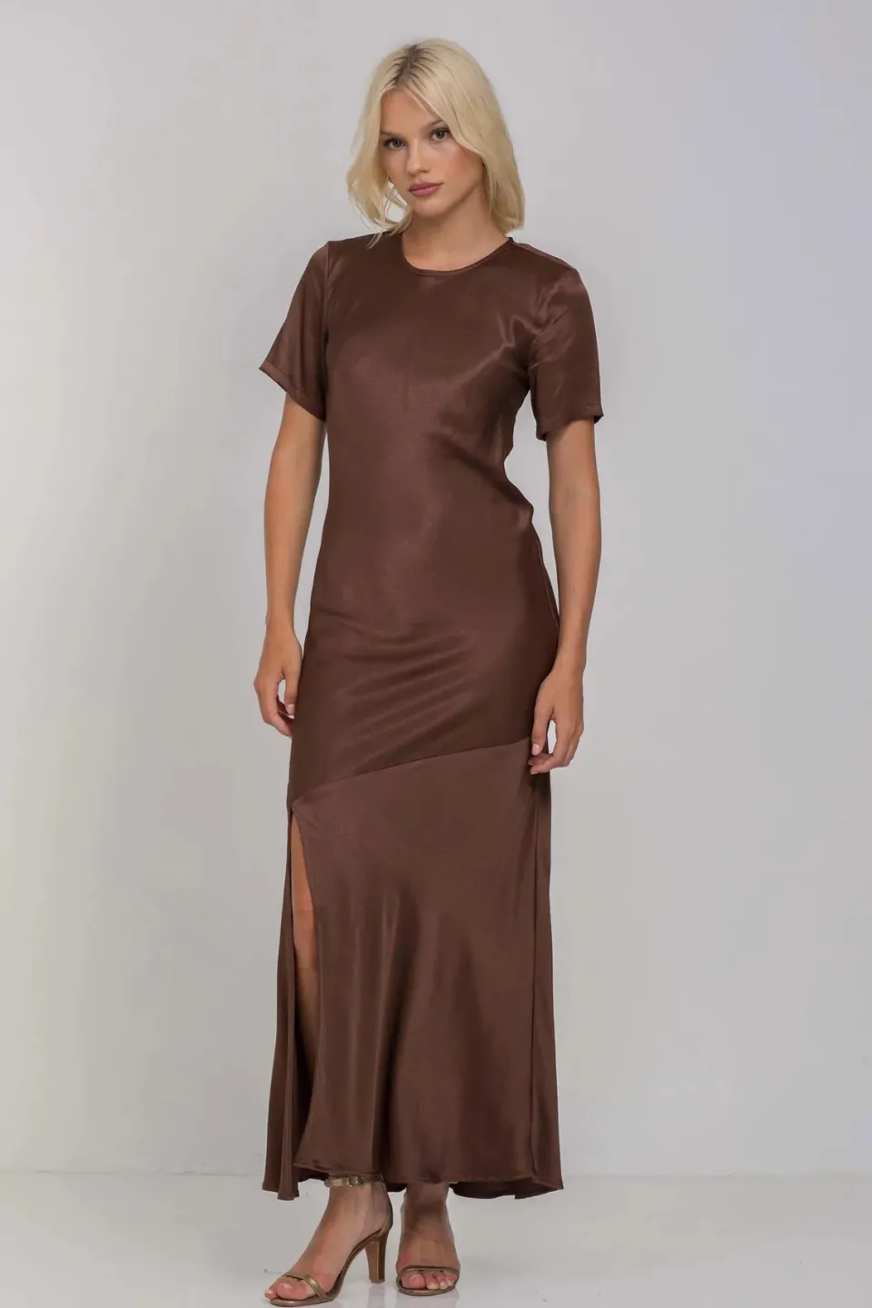 Blak Falling In Love Chocolate SS Satin Maxi Dress