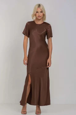 Blak Falling In Love Chocolate SS Satin Maxi Dress
