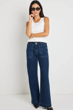 Ivy + Jack Feature Indigo Mid Rise Front Pocket Wide Leg Jean