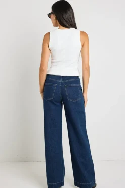 Ivy + Jack Feature Indigo Mid Rise Front Pocket Wide Leg Jean