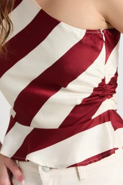 Among the Brave Fiction Plum Stripe Satin One Shoulder Top