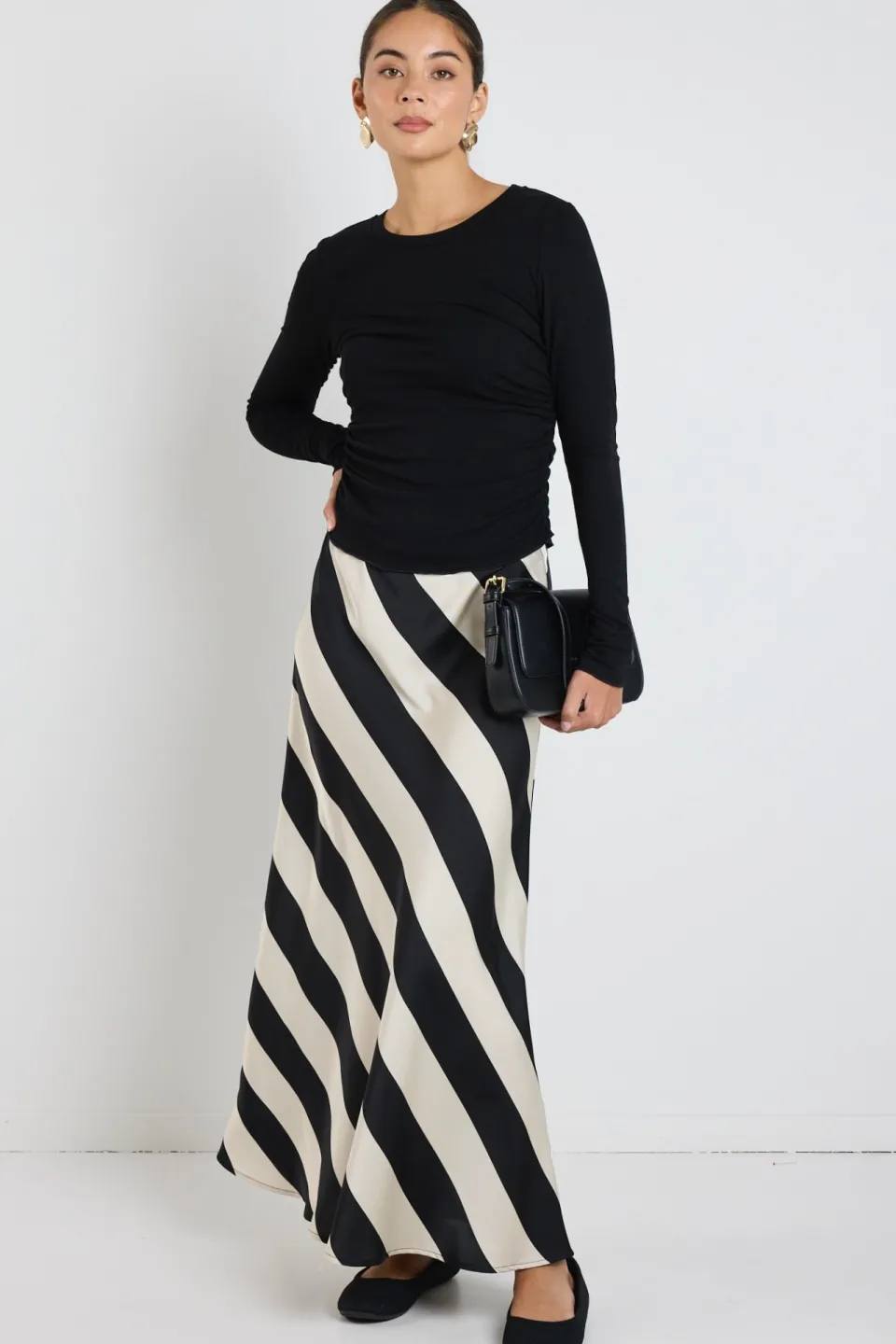 Among the Brave Fiery Black Sand Stripe Satin Bias Maxi Skirt