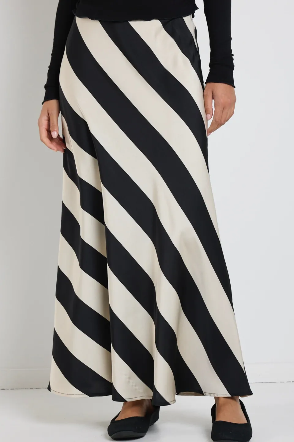 Among the Brave Fiery Black Sand Stripe Satin Bias Maxi Skirt