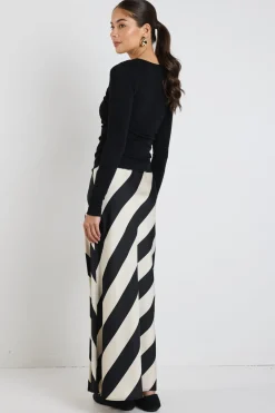 Among the Brave Fiery Black Sand Stripe Satin Bias Maxi Skirt