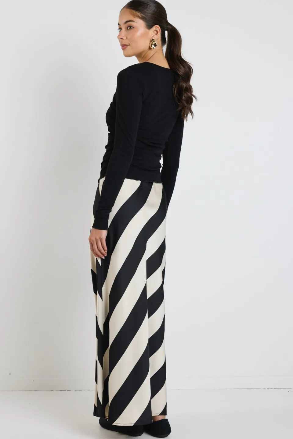 Among the Brave Fiery Black Sand Stripe Satin Bias Maxi Skirt