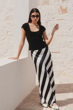 Among the Brave Fiery Black Stripe Satin Bias Maxi Skirt