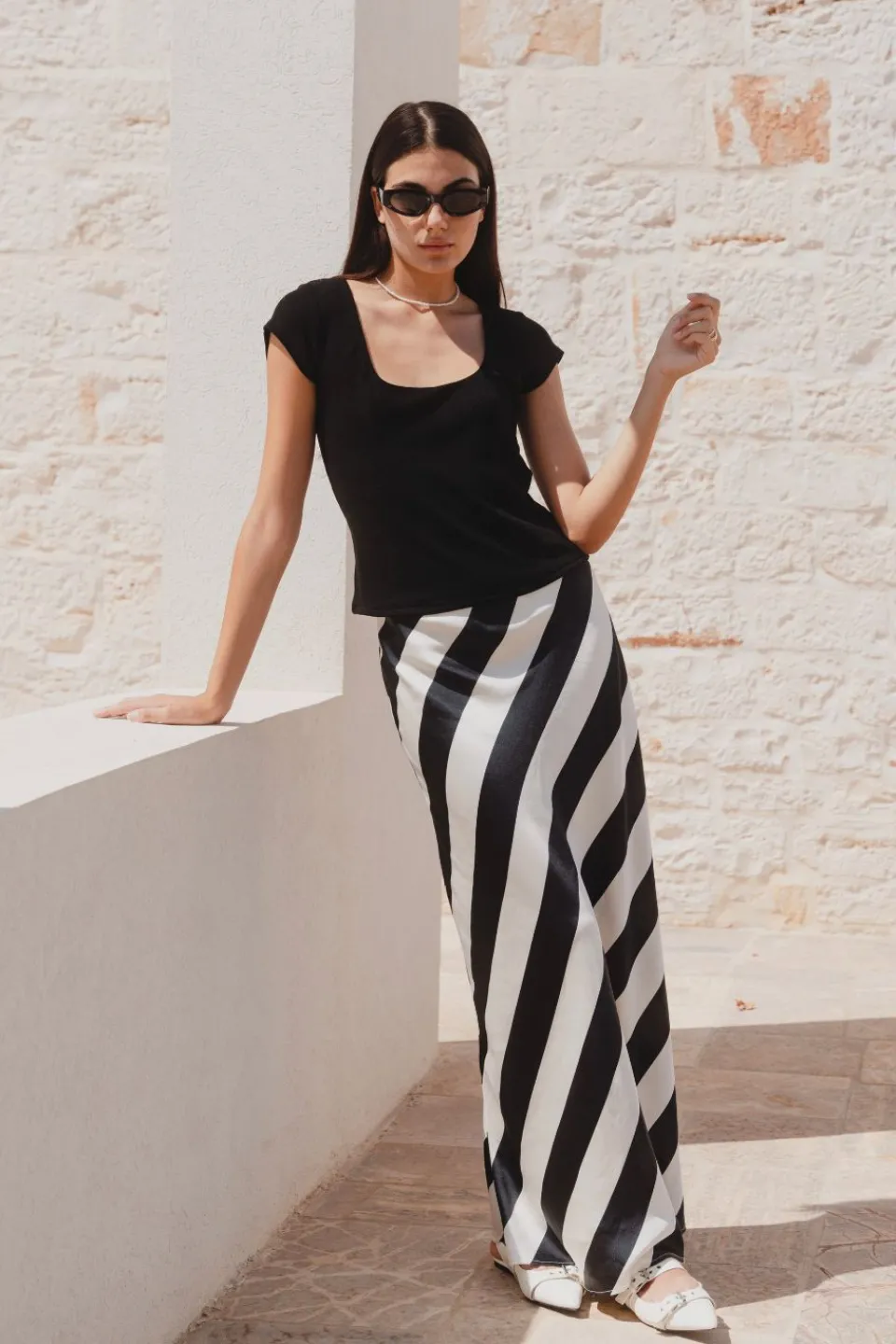 Among the Brave Fiery Black Stripe Satin Bias Maxi Skirt
