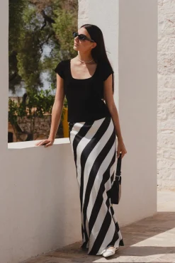 Among the Brave Fiery Black Stripe Satin Bias Maxi Skirt