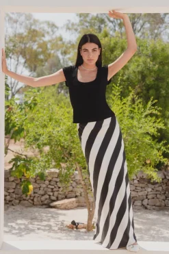 Among the Brave Fiery Black Stripe Satin Bias Maxi Skirt