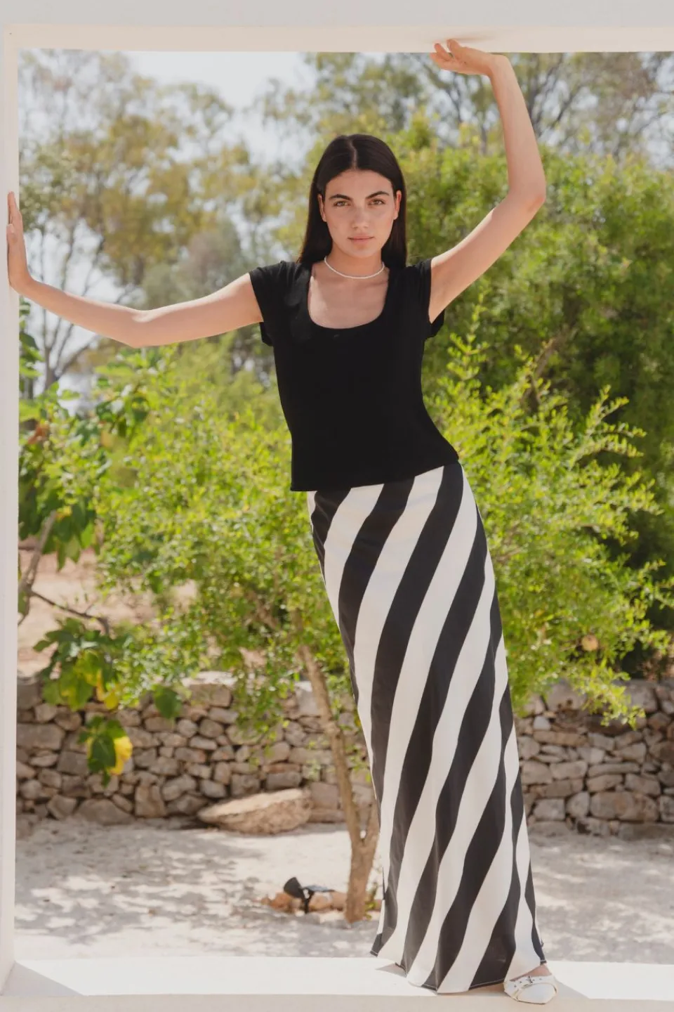 Among the Brave Fiery Black Stripe Satin Bias Maxi Skirt