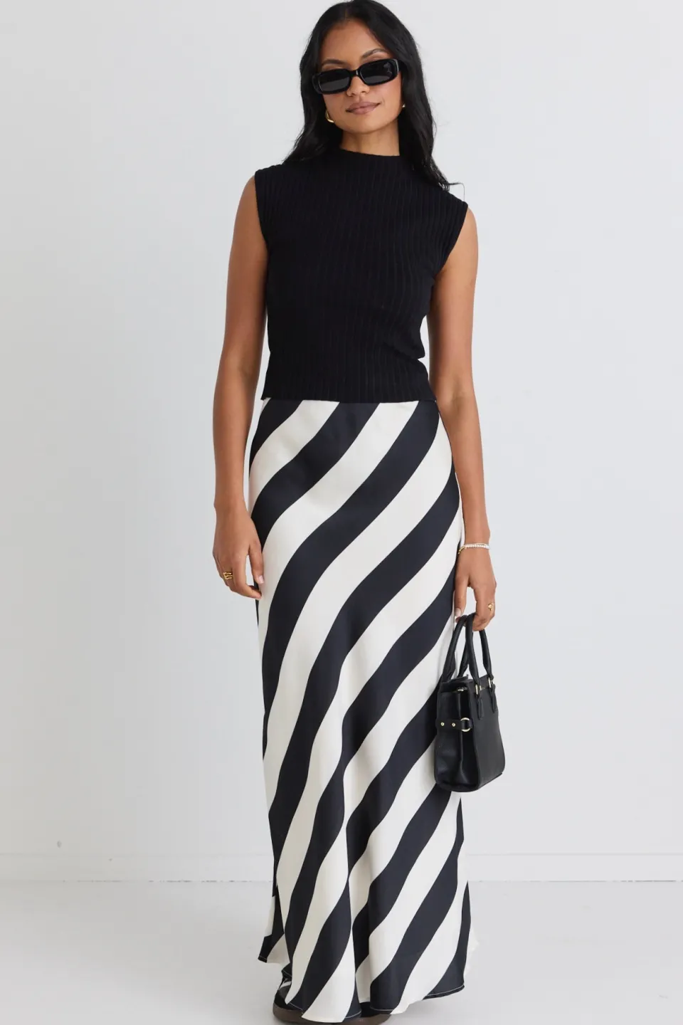 Among the Brave Fiery Black Stripe Satin Bias Maxi Skirt