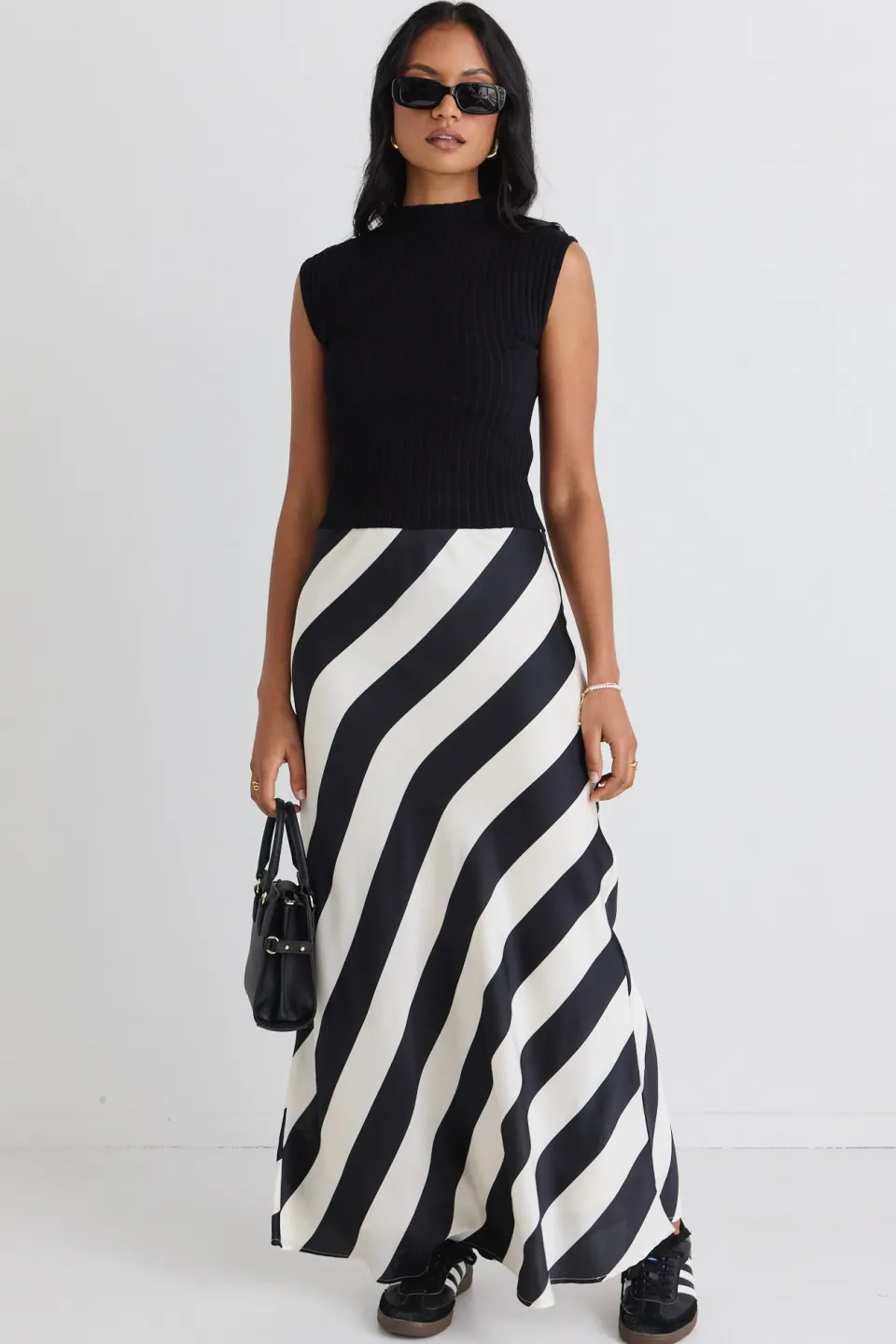 Among the Brave Fiery Black Stripe Satin Bias Maxi Skirt