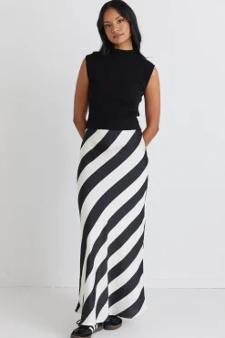 Among the Brave Fiery Black Stripe Satin Bias Maxi Skirt