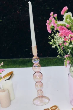 Willow u0026 Mae Five Bubble Pearl Pink 30cm Glass Taper Candle Holder