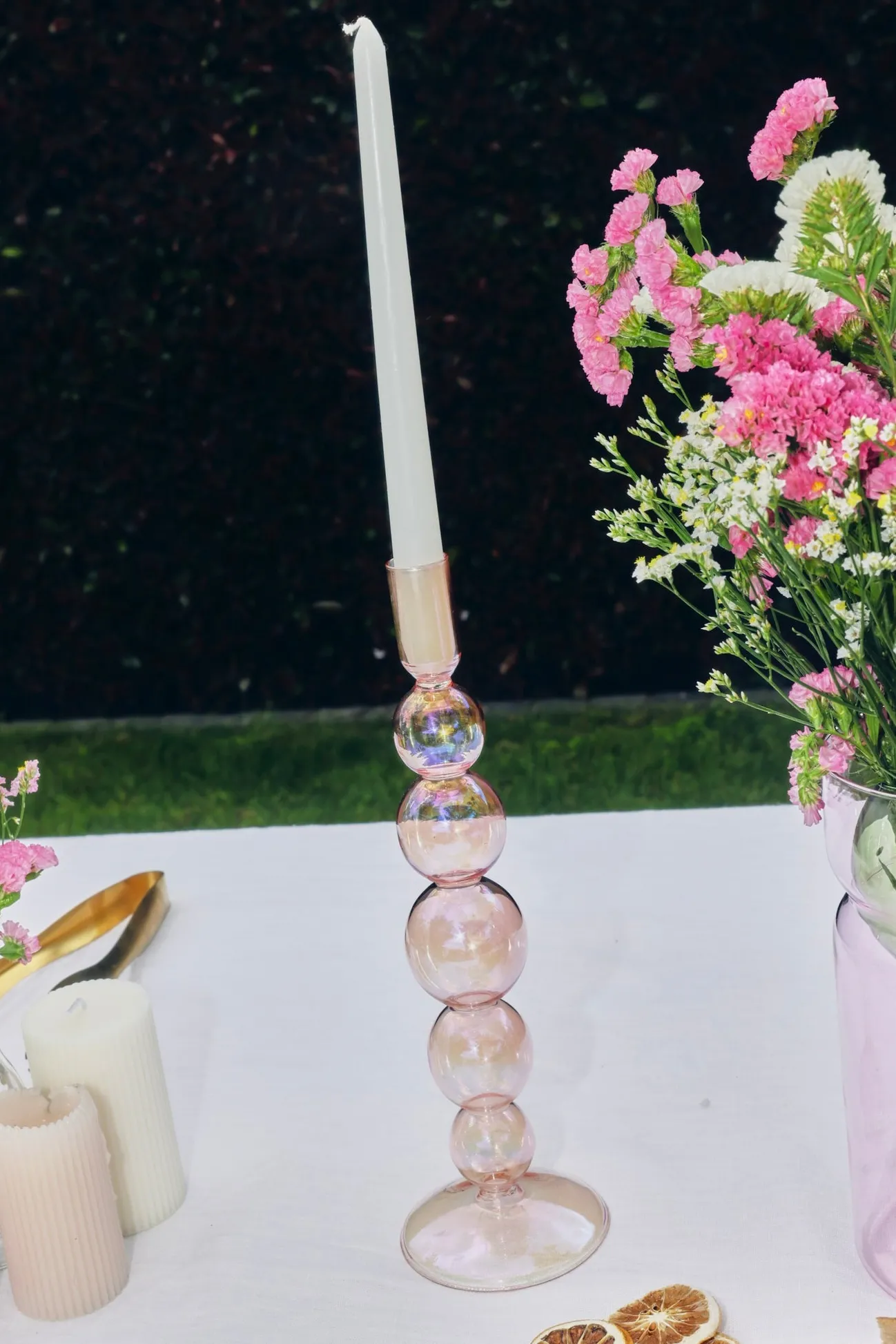 Willow u0026 Mae Five Bubble Pearl Pink 30cm Glass Taper Candle Holder