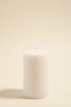Flo's Home Flat Head Ribbed Column Small Handmade Soy Ivory Candle