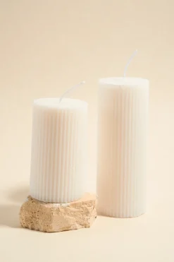 Flo's Home Flat Head Ribbed Column Small Handmade Soy Ivory Candle