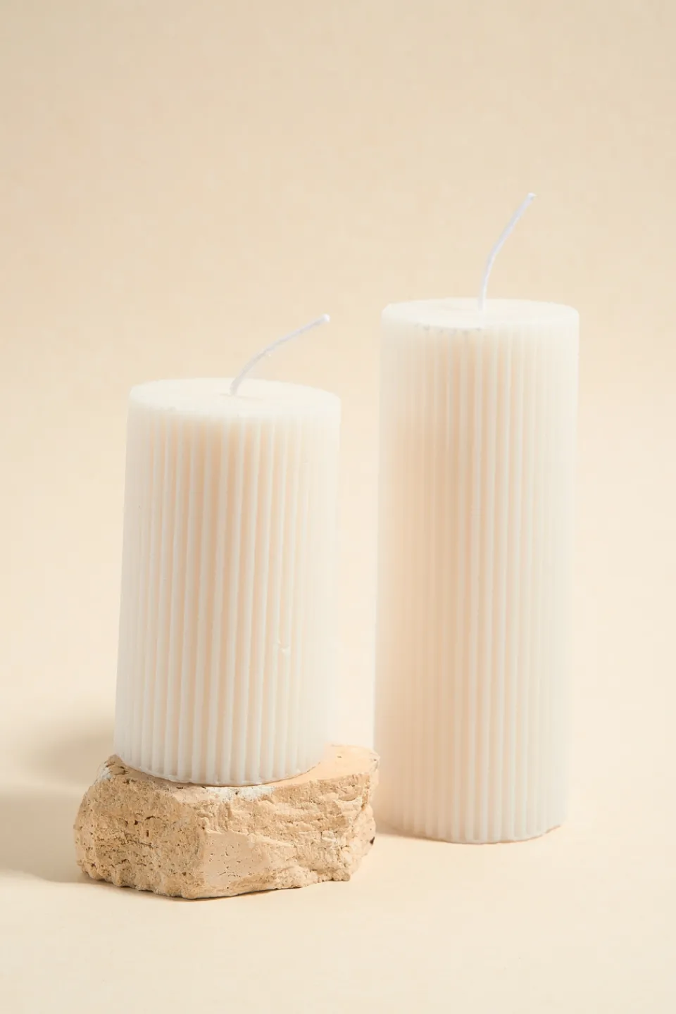 Flo's Home Flat Head Ribbed Column Small Handmade Soy Ivory Candle