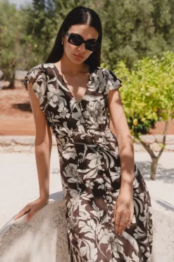 Among the Brave Flawless Chocolate Floral Fluted Sleeve Button Front Midi Dress
