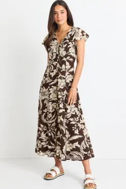 Among the Brave Flawless Chocolate Floral Fluted Sleeve Button Front Midi Dress