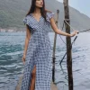 Among the Brave Flawless Navy Gingham Cotton Fluted Sleeve Button Front Midi Dress
