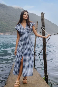 Among the Brave Flawless Navy Gingham Cotton Fluted Sleeve Button Front Midi Dress