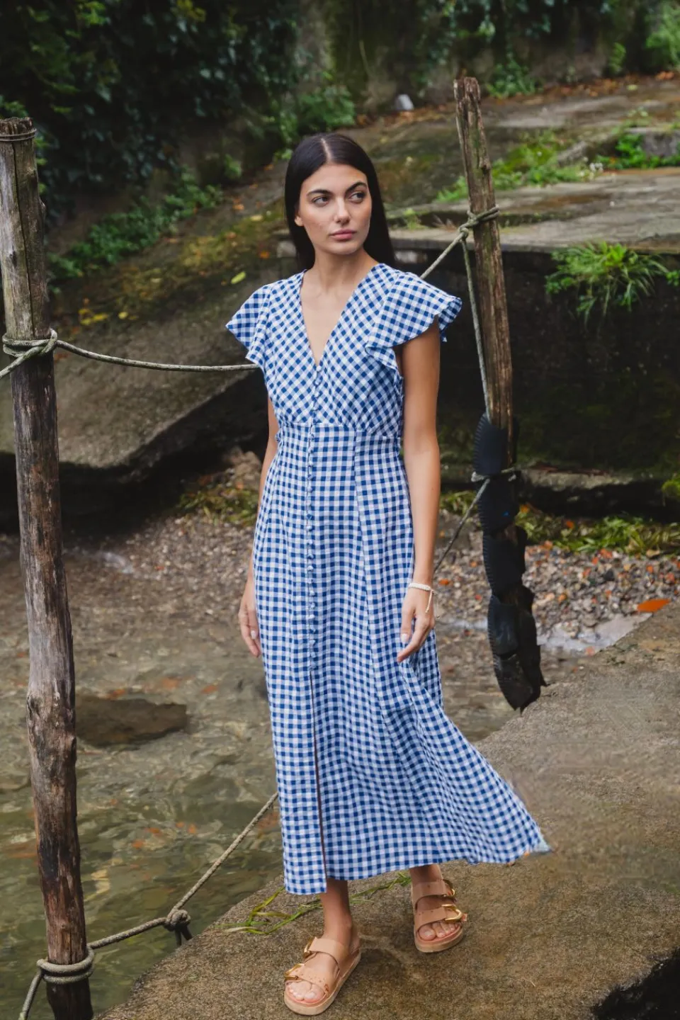 Among the Brave Flawless Navy Gingham Cotton Fluted Sleeve Button Front Midi Dress