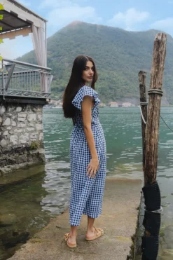 Among the Brave Flawless Navy Gingham Cotton Fluted Sleeve Button Front Midi Dress