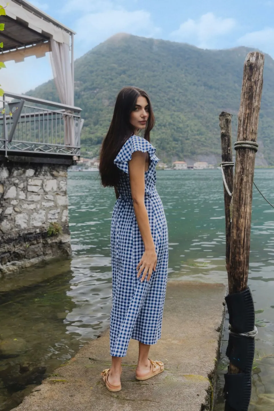 Among the Brave Flawless Navy Gingham Cotton Fluted Sleeve Button Front Midi Dress