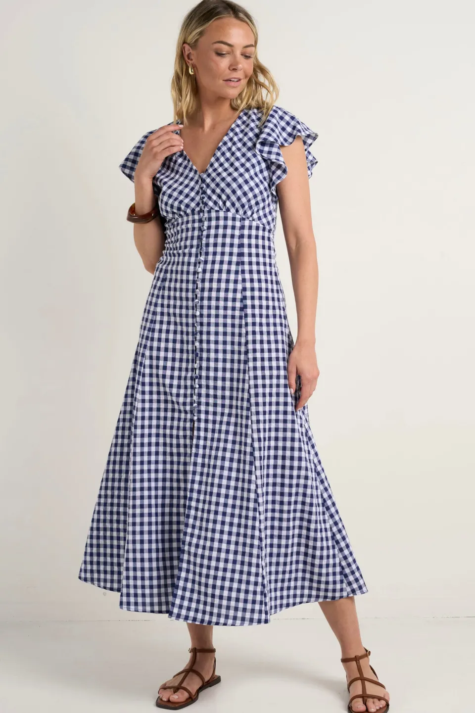 Among the Brave Flawless Navy Gingham Cotton Fluted Sleeve Button Front Midi Dress