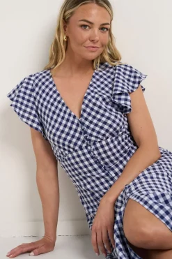 Among the Brave Flawless Navy Gingham Cotton Fluted Sleeve Button Front Midi Dress