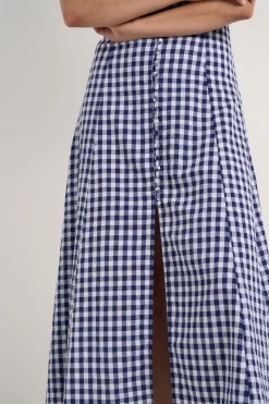 Among the Brave Flawless Navy Gingham Cotton Fluted Sleeve Button Front Midi Dress