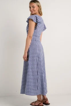 Among the Brave Flawless Navy Gingham Cotton Fluted Sleeve Button Front Midi Dress