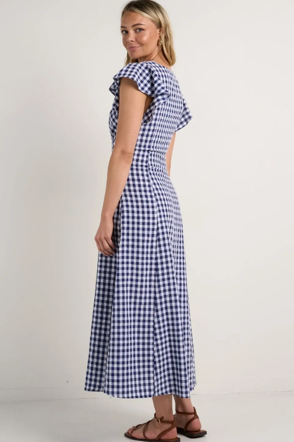 Among the Brave Flawless Navy Gingham Cotton Fluted Sleeve Button Front Midi Dress