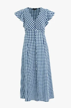 Among the Brave Flawless Navy Gingham Cotton Fluted Sleeve Button Front Midi Dress